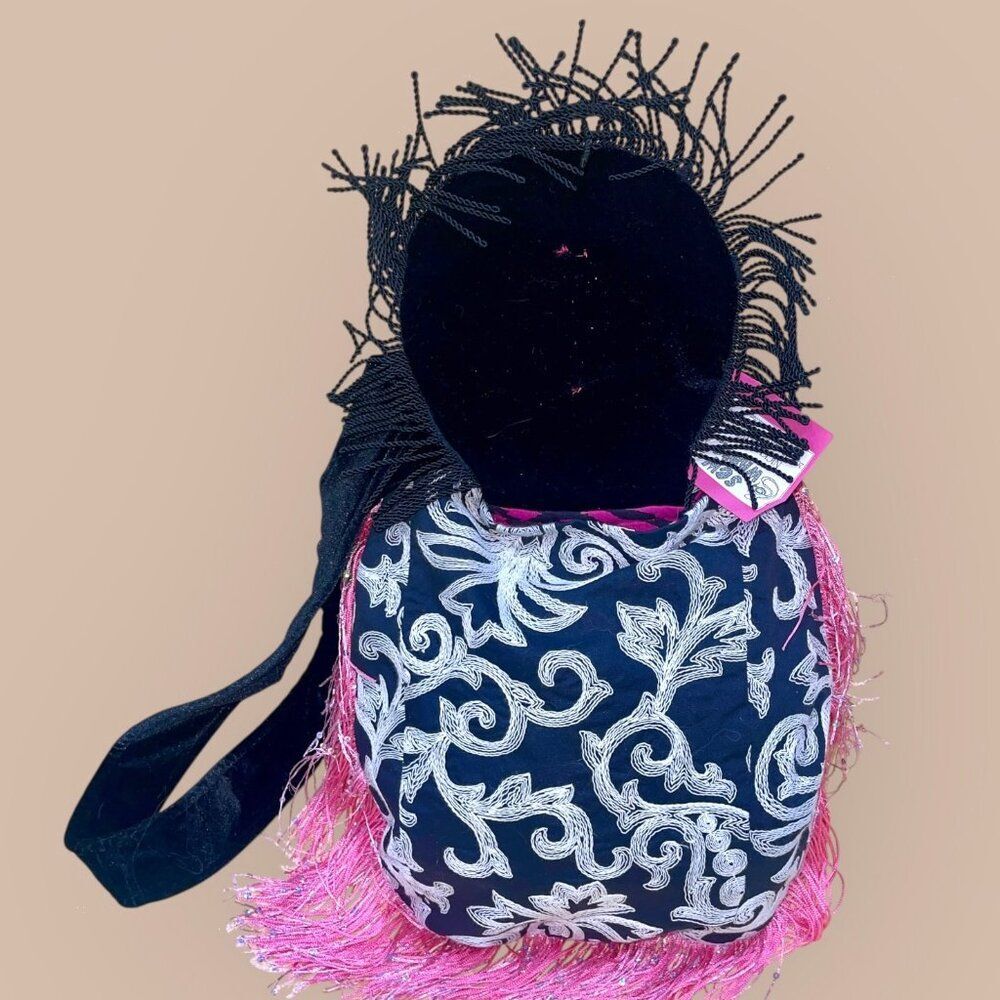 Black & Pink Eclectic Handmade Upcycled Boho Fringed Crossbody Bag - Picture 6 of 9